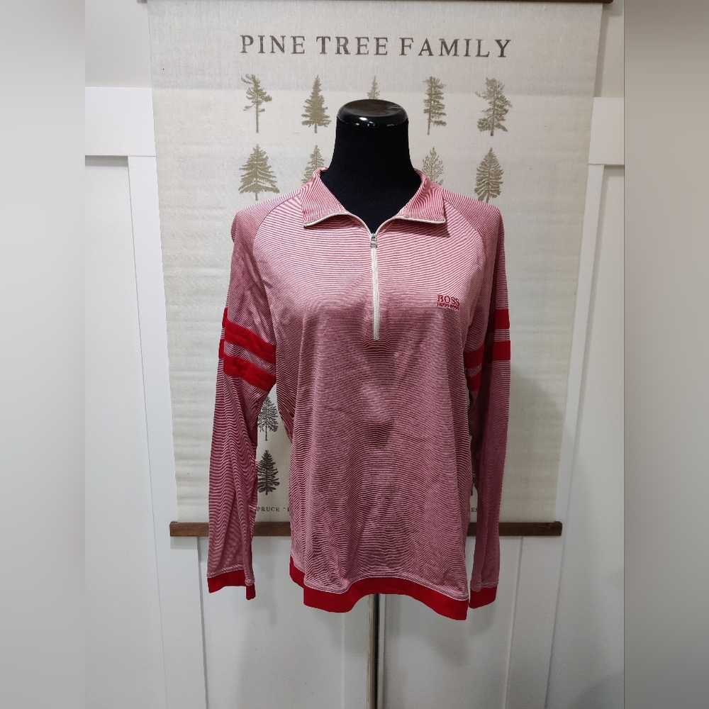 BOSS Hugo Boss Quarter Zip Striped Long Sleeve Top Red White - Size Large
